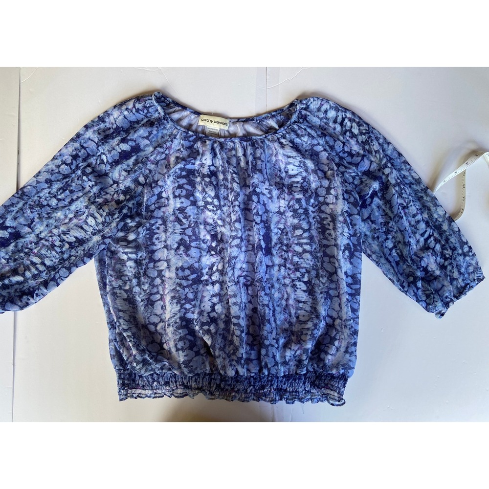 Cathy Daniels Blue Purple Abstract Floral Mesh Blouson Blouse XL Vintage